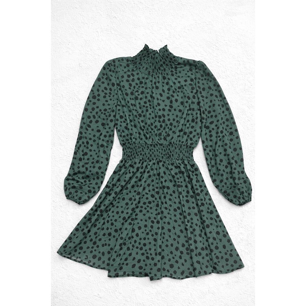 Green Leopard Print Smocked Waist Long Sleeve Dress